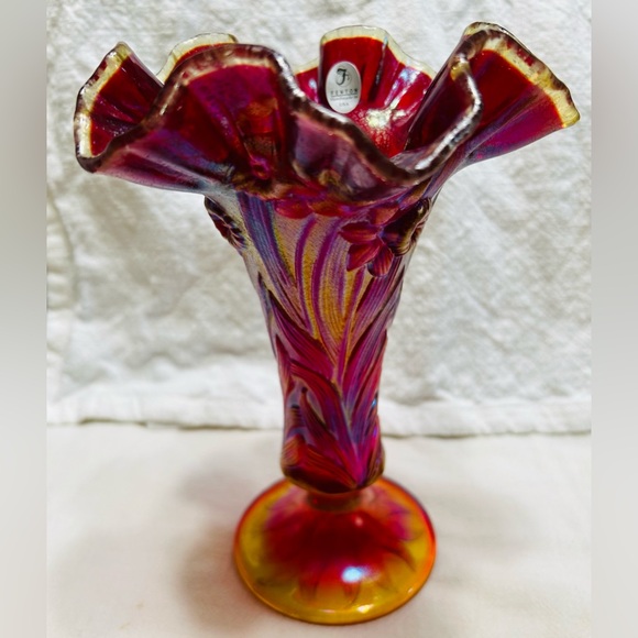 Fenton | Art | Fenton Glass Ruby Red Daffodil Vase Iridescent Mint ...